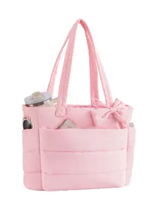 Women's Lightweight Puffy Tote Bag, Quilted Puffer Bag, Layered Shoulder Bag with Bow Decor, Travel Work Gym Handbag, Versatile Fashion Accessory
