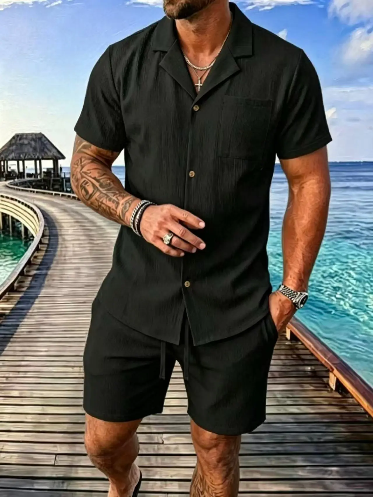 [2-Piece Outfit] Men's Summer Cuban Collar Shirt and Shorts Matching Set, Textured Casual Beach Resort Wear, Solid Color Vacation Clothes