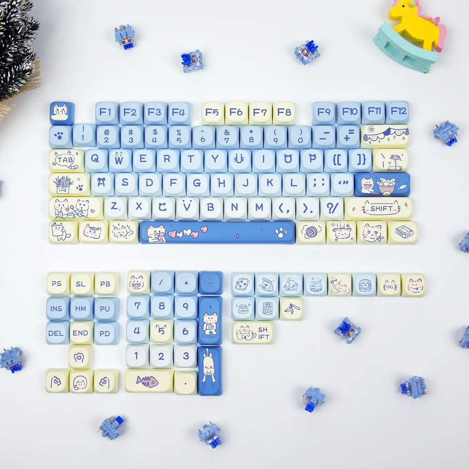 AULA MOA 116-Key Dye-Sub PBT Cute Blue Kitty Keycaps, MX-Compatible for 60% / 65% / 75% / TKL Mechanical Keyboards