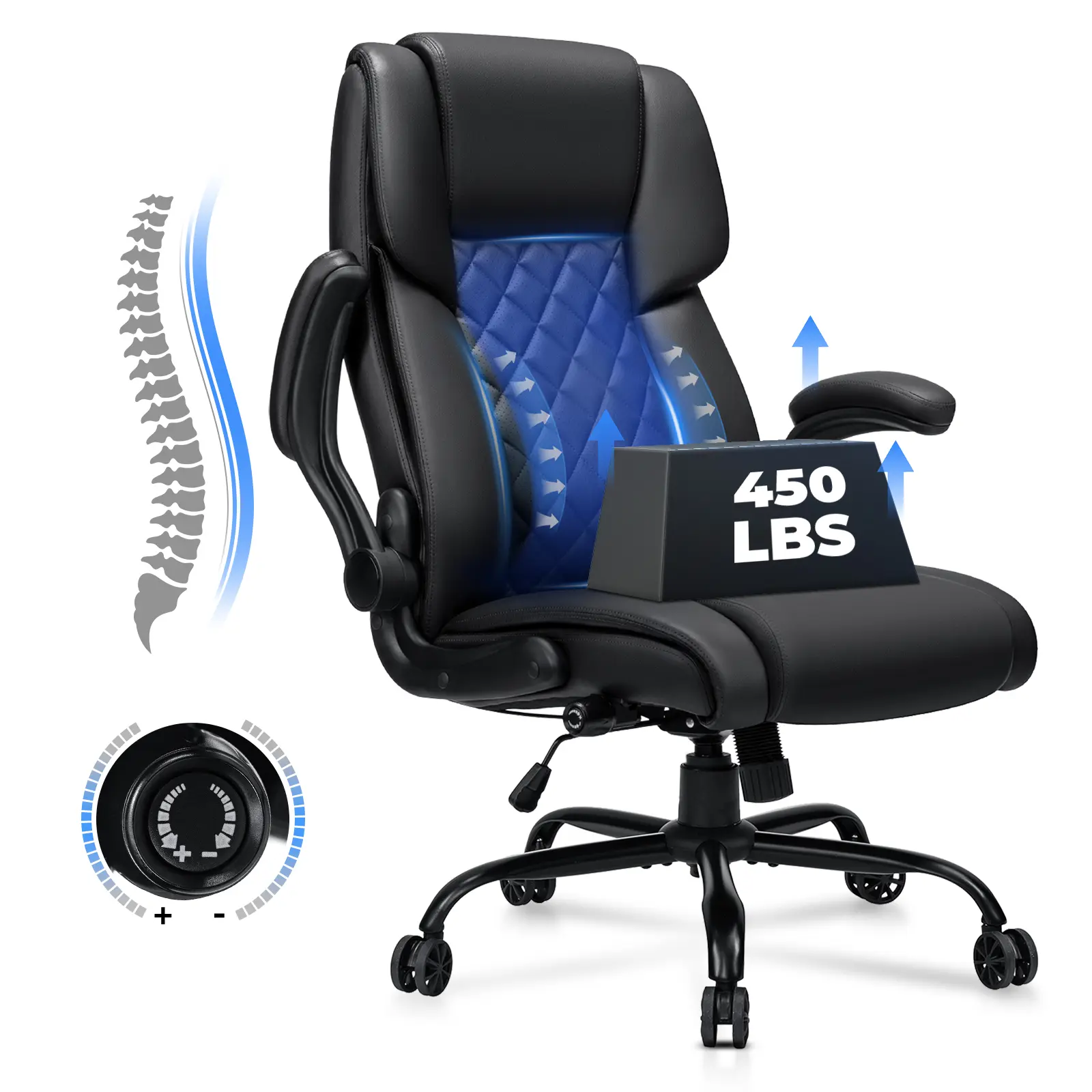 HOFFREE Big and Tall Office Chair 450lbs Heavy Duty Ergonomic Executive Desk Chair with Adjustable Lumbar Support High Back Home Computer Leather Chair with Padded Flip-up Arms for Heavy People Black