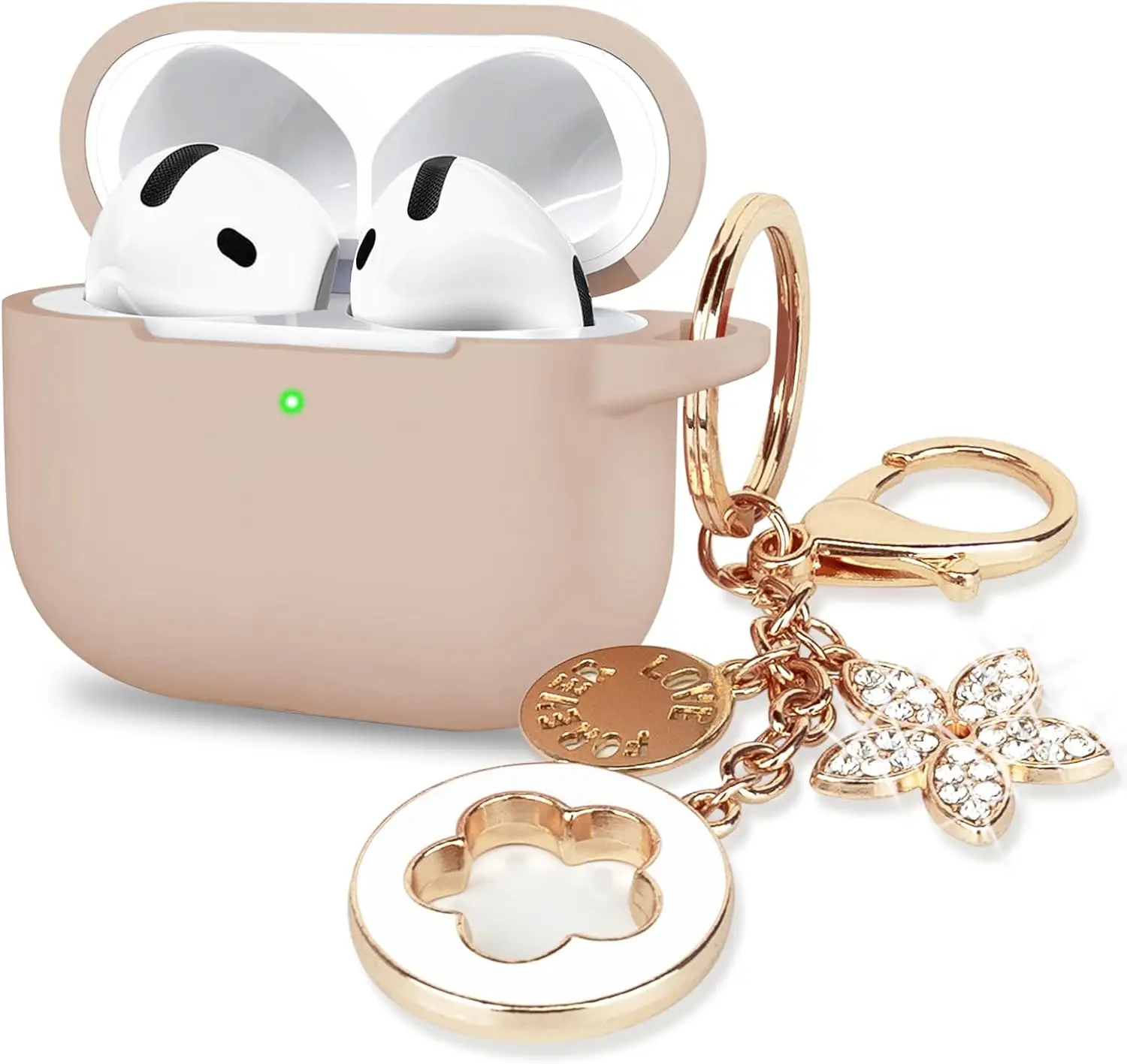 Silicone Case Cover for Apple AirPods 4th Generation 2024 - Women's Bling Keychain Wireless Earbud Charging Accessory - Milk Tea Color
