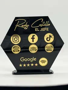 Let’s Get Social NFC Business Sign | Hexagon Acrylic Social Media Tap Sign with Stand | Custom Review & Follow Sign