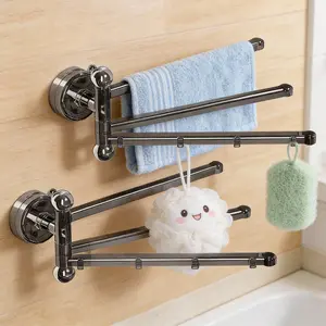 270° Rotating Swivel Arm Suction Towel Bars, 3 Folding Arms Drill-Free Wall-Mounted Organizer (27x11x8 cm) with Vacuum Suction Cups, Modern Metal Waterproof PET+PC Space-Saving Holder for Bathroom, Kitchen