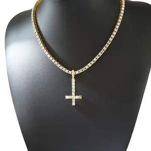 Rhinestones Stylish Upside Down Cross Pendant Necklace Hip Hop Rap Match Any Outfit, Unique Inverted Cross Chain Necklace, colgante decru, crucifix, silver tone, gift for woman and men, charm, versatile wear, romantic present
