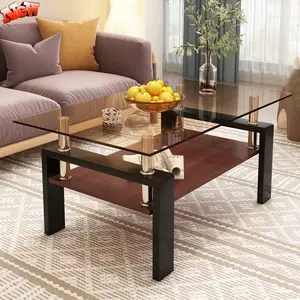 Tempered Glass Coffee Table, 2-Tier Rectangular Shape with Durable MDF Core Structure and Iron Leg Support, Modern Coffee Table for Living Room, 39.2"L×23.4"W×17.7"H, Brown+Black