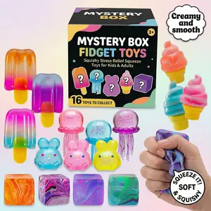 16Pcs Mystery Box Fidget Toys, Squishy Stress Relief Squeeze Toys for Kids & Adults, Sensory Toys for ADHD Autism, Random Popsicle Jellyfish Ice Cream Cube, Surprise Blind Box for Birthday Party Favors Classroom Rewards