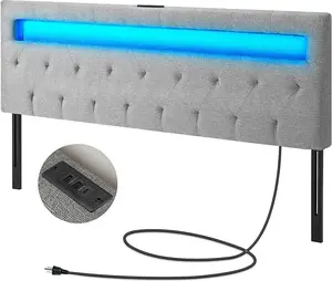 Headboard for Full Size Bed with 60,000 DIY Color of LED Light, USB & Type C Post, Attach Frame, Height Adjustable, Gray Wall Mounted Head Boards Only, Sturdy & Stable, Comfortable, Full