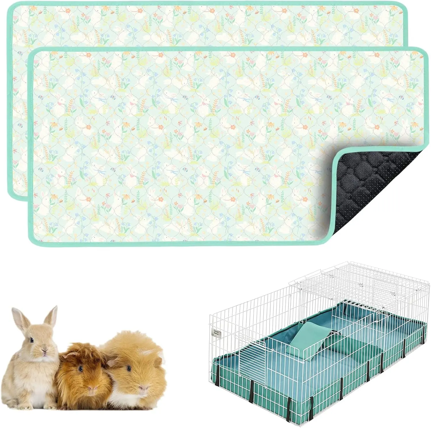 Guinea Pig Bedding, Guinea Pig Fleece Cage Liner 49x24 2Pack, Washable   & Anti Slip, Absorbent Guinea Pig Pee Pad for Small , , Bunny, Chinchilla, Green
