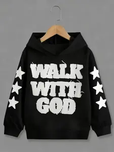 Boys' Casual Star Print Hoodie, Fitted Letter Pattern, Spring & Fall Fashion, Graphic Print Hoodie, Versatile Sweatshirt for Kids, All Seasons Wear