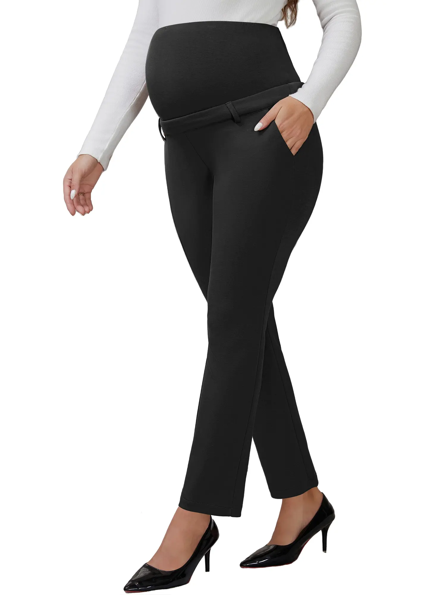 INSPIRE CHIC Women's Maternity Pants Business Straight Stretchy Over Belly Pregnancy Trousers with Pockets for Work Office