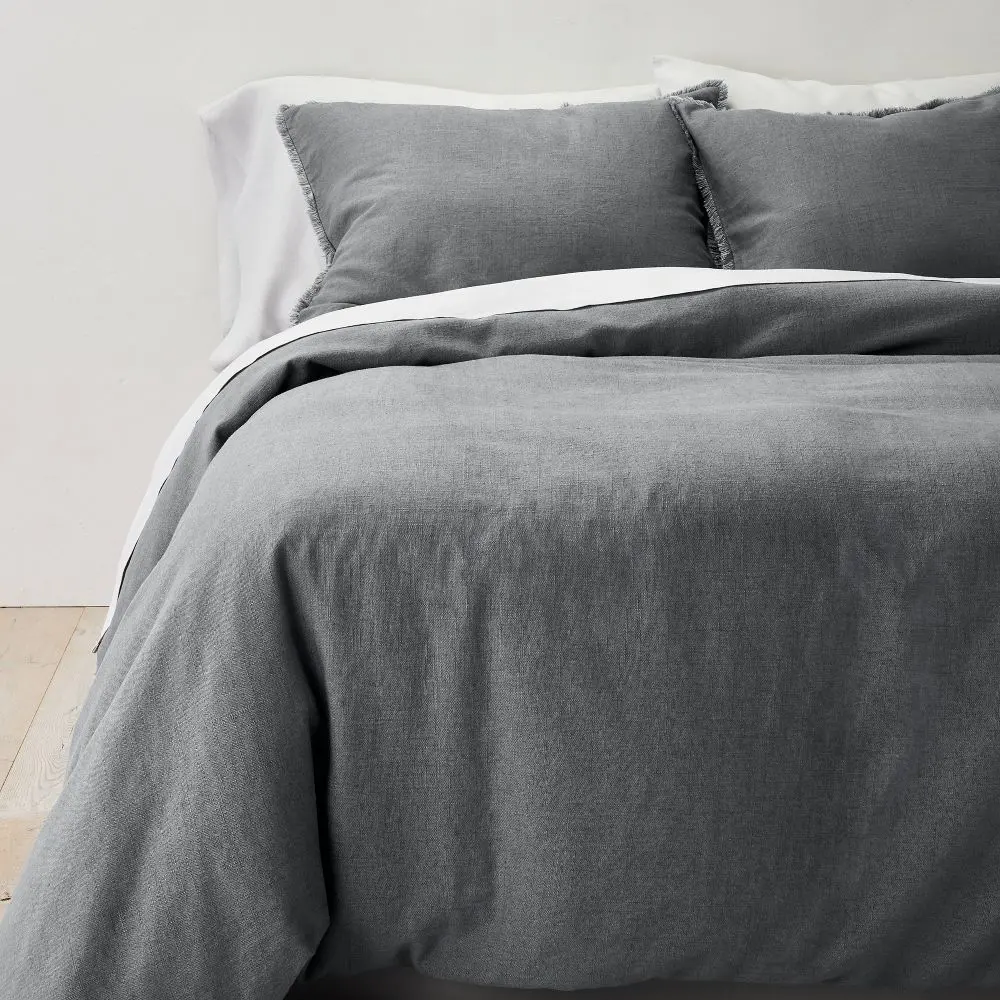 King Heavyweight Linen Blend Duvet Cover & Sham Set Dark Gray - Casaluna: Zipper Closure OEKO-TEX Certified