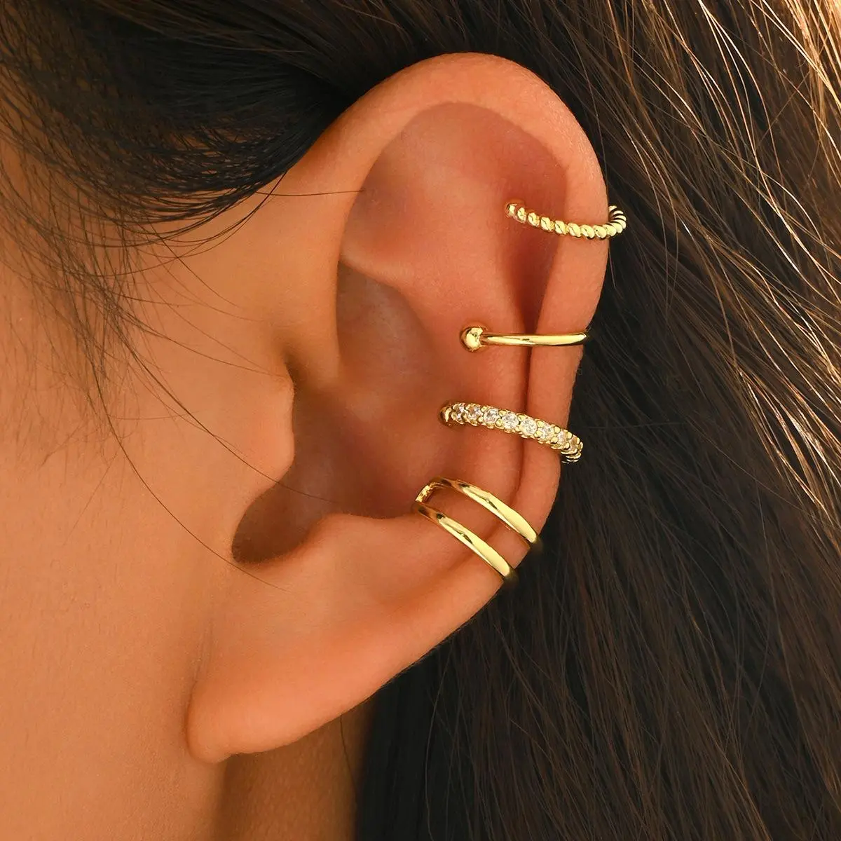 Gold Plated Ear Cuff Set for Women, 4-Piece Minimalist Zircon Cartilage Cuffs, No Piercing Stackable Dainty Ear Jewelry, Female, Metal Coating, 4Pcs, Cartilage Ear Cuffs