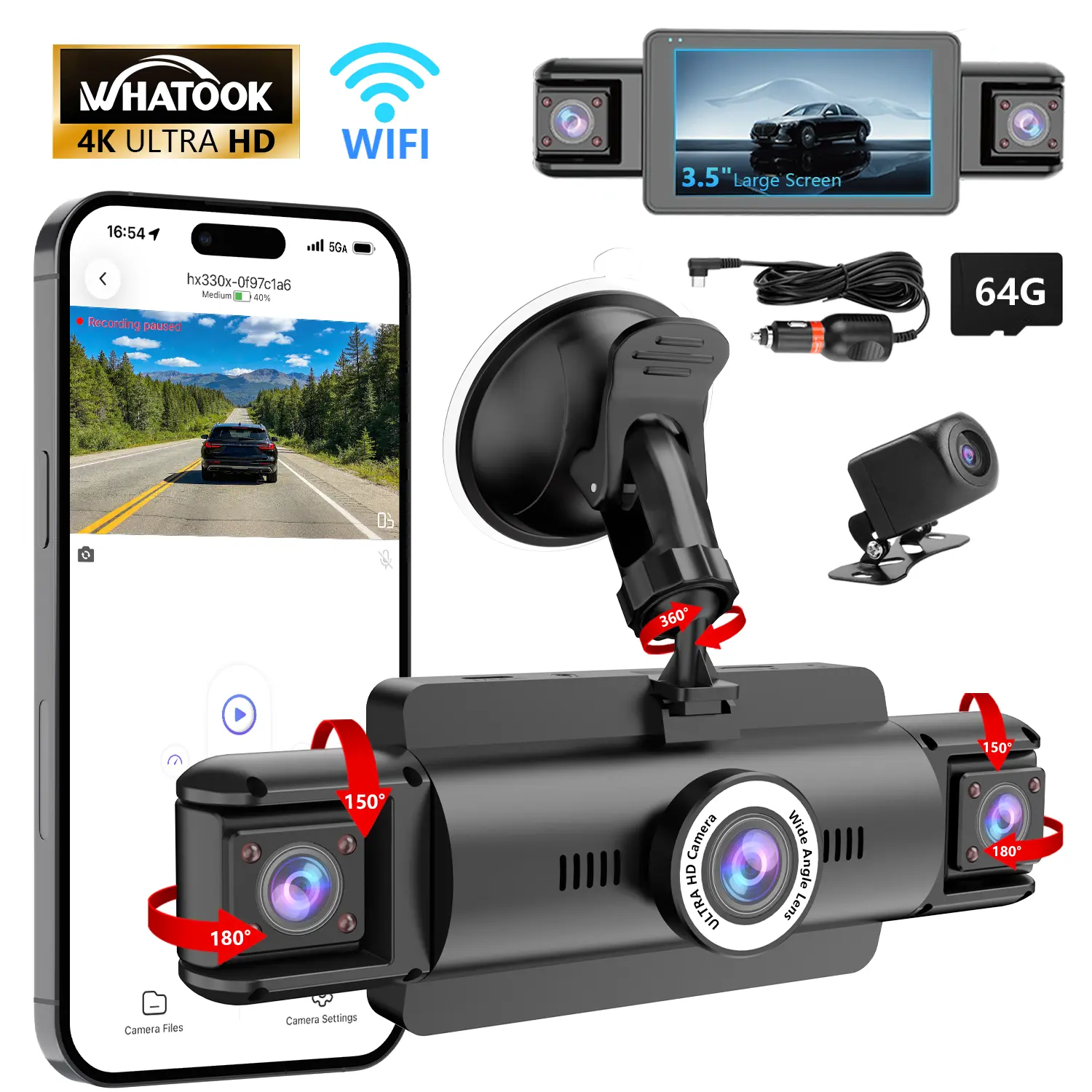 WHATOOK 4-Channel 360° Dashcam with 64GB SD Card, 4K/1080P Ultra/Full HD Video Recording, Night Vision, Parking Mode for Front, Rear, Left, Right Lenses