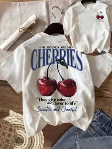 "My Friends Are My Cherries" Print Comfort T-Shirt | Y2K Aesthetic Sweet Cherry Graphic Tee, Soft Casual Summer Top, Trendy Streetwear & Vacation Outfit, Cheerful Retro Fruit Pattern, Comfy Daily Wear Short Sleeve Tee for Women
