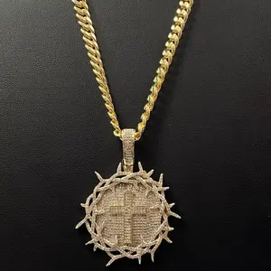 HELLOICE Iced Out Crown of Thorns with Cross Medallion Pendant Necklace Big Cross Full CZ Pendant with 5mm Cuban Chain Hiphop Jewelry for Women Men