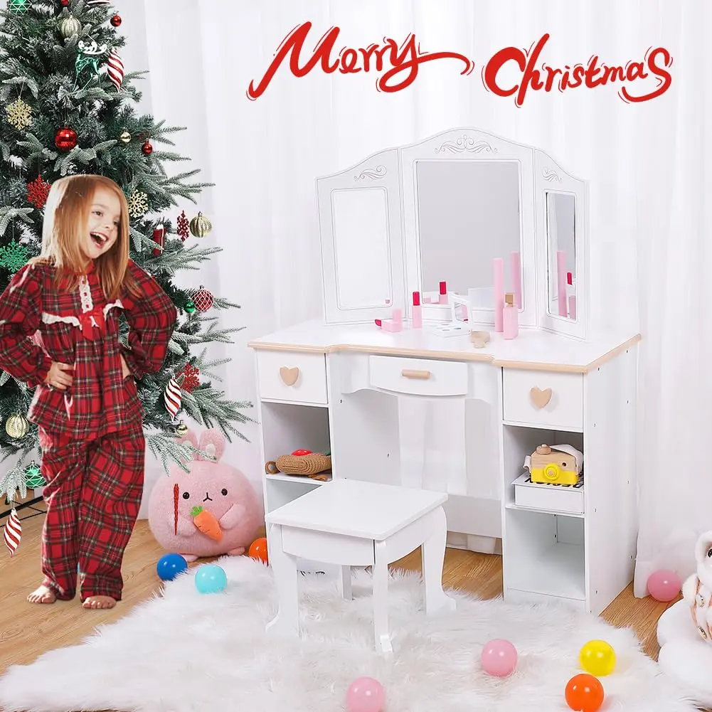 Girls' Vanity Table & Stool Set - White Kids Makeup Dressing Table with Mirror & Drawer - Wood Makeup Playset Toy for Ages 4-9