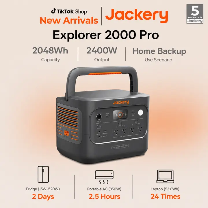 Jackery Explorer 2000 Plus Portable Power Station, 2042Wh LiFePO4 Solar Generator, 3000W AC Output, Expandable to 24kWh, UPS Home Backup for Emergency Camping RV Off-Grid(Solar Panel Optional)