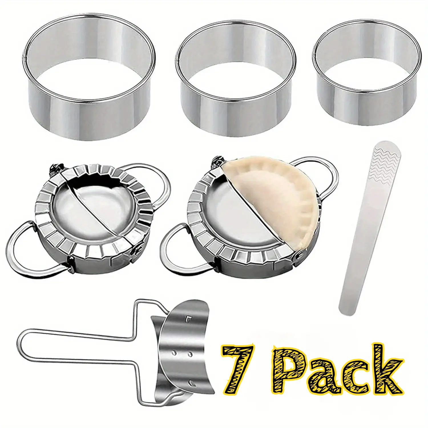 7 Pack Set Dumpling Maker Kit Stainless Steel Dumpling Mold Maker, Momos for Easy Dumpling Making, Dough Cutter, Stuffing Spoon, and Flour Ring Cutter- Empanada Maker Press Set for Pierogies, Gyoza Etc