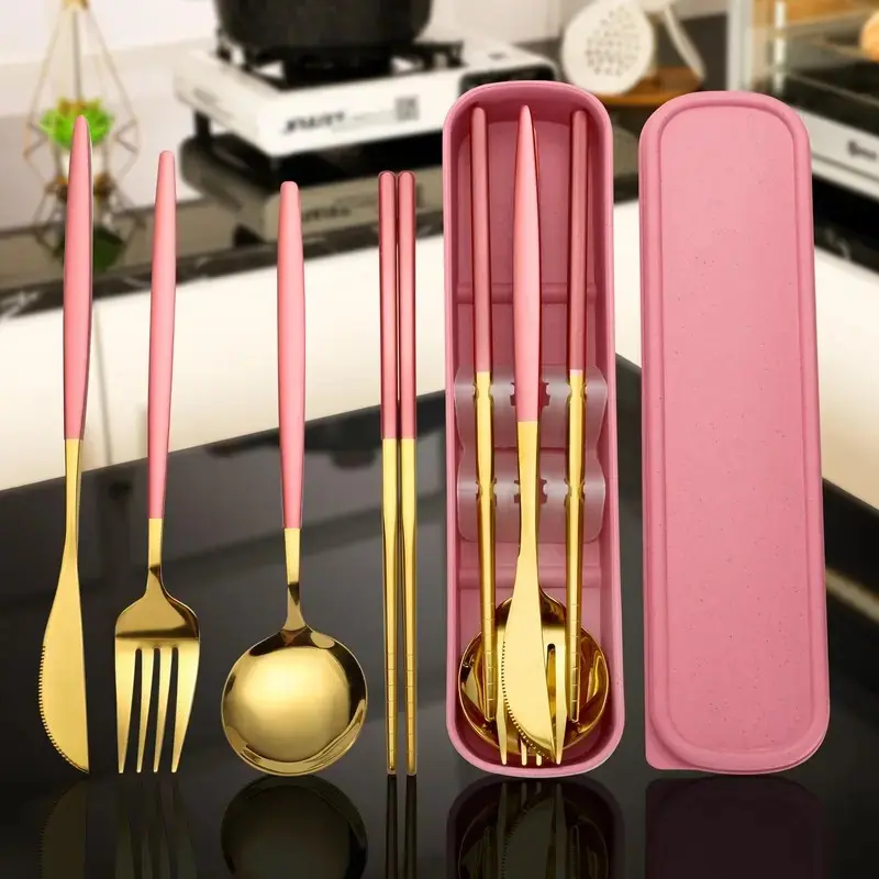 4 Pcs Portable Stainless Steel Tableware Set, Dishwasher Safe Reusable Flatware Cutlery Set, Include Fork Spoon Chopsticks with box