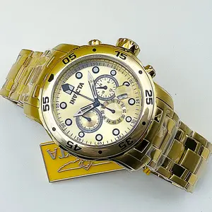 Invicta Men's 48mm PRO DIVER Scuba Chronograph Gold Dial 18K ALL Gold Plated Watch with Stainless Steel Strap