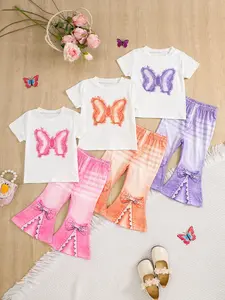 Girls' Butterfly Print Set, Casual Short Sleeve Top & Flared Pants, Spring Summer Wear, Colors, Baby Girl Clothes