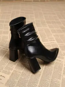 Women's Fall Winter Pointed Toe Chunky Heel Short Boots, Slouchy Boots, Retro Style PU Leather High Heels with Side Zipper, Fashionable Slimming Design