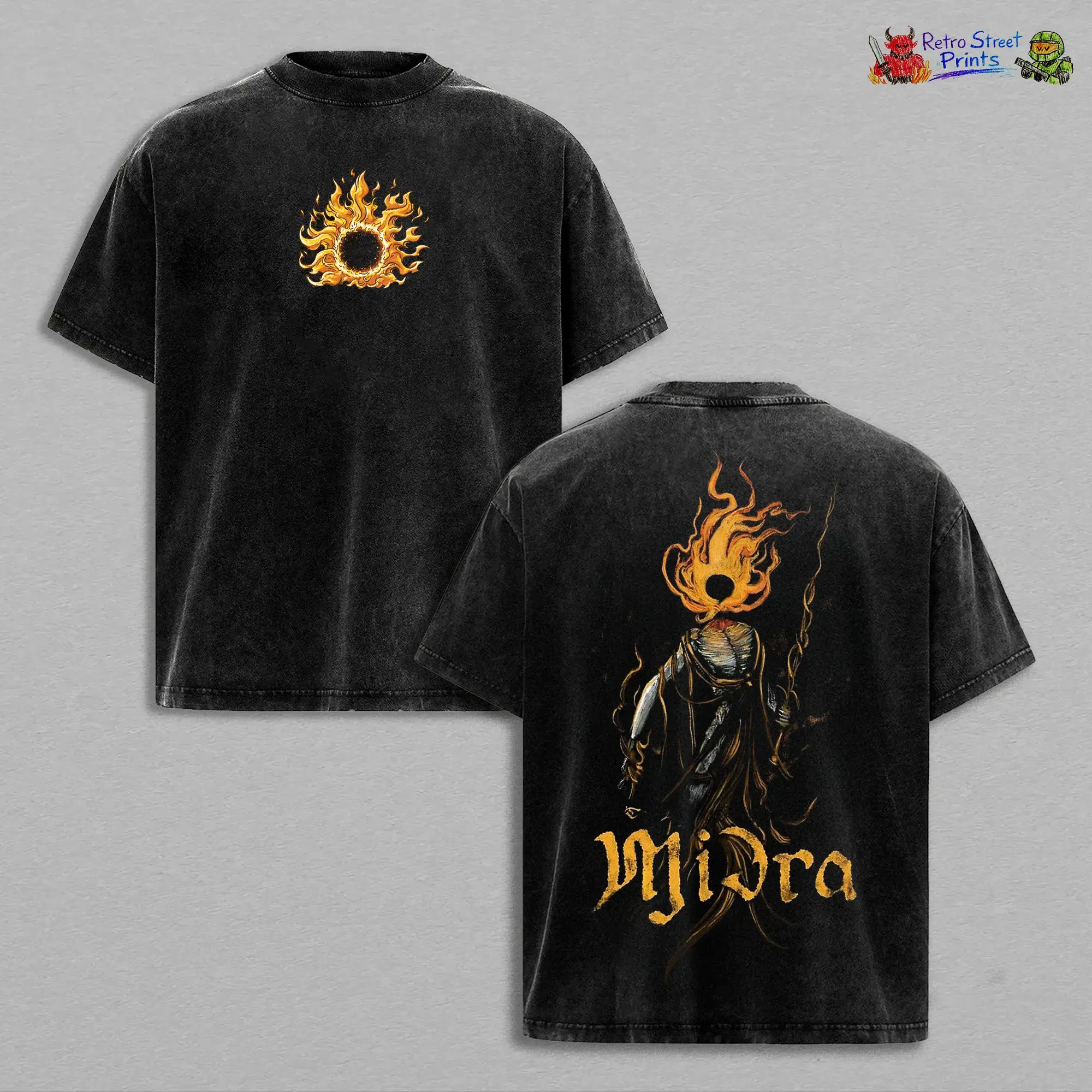 Unisex Elden Ring T-Shirt, Oversized Graphic Tee with Midra Design, Vintage Acid Wash 230gsm Cotton, Short Sleeve Gamer Streetwear Top, Tshirt, Apparel Menswear Soft, Shortsleeve, Stylish, Seamless, Fabric, Print