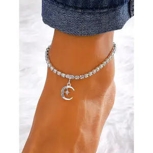 Rhinestone Star & Moon Charm Anklet, Fashionable Jewelry for Women & Girls for Party, Daily Clothing Decor, Trendy All-match & Exquisite Jewelry for Birthday Gift, Elegant Fashion Accessories