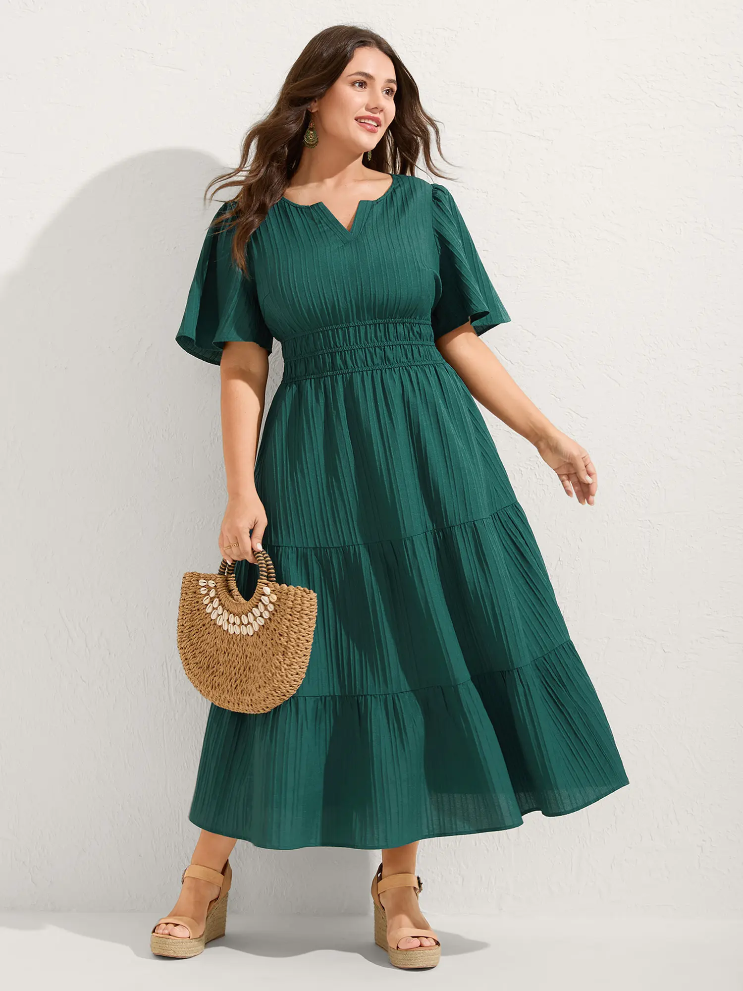 BLOOMCHIC Women's Teal Textured Shirred Cinched Waist Midi Dress - Short Sleeve, Casual Elegance, Pocket, 100% Polyester, Low Iron, Affordable Fashion Summer Casual Dress, Casual Elegance Chic