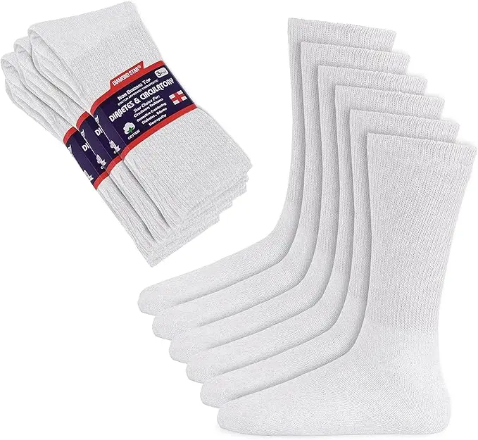 DIAMOND STAR 3 Pairs Diabetic Socks, Non-Binding Circulatory Cushion Cotton Crew Diabetic Socks for Men Women Menswear White 9-11