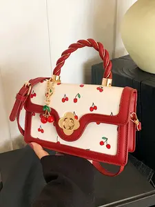 Retro Sweet Cherry Bag, Handheld Bag, Niche Woven Handle Design, Exquisite Lock for Hand-held and Crossbody Use, Mini Flap Square Bag, Versatile with Multiple Colors, Suitable for Daily Travel, Shopping, Stylish Handbag, Versatile Bag