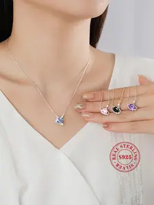 925 Sterling Silver Birthstone Pendant Necklace, Fashion Jewelry for Party, Daily Clothing Decor, Trendy All-match & Exquisite Jewelry for Birthday Gift