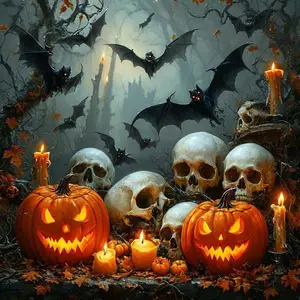 5D DIY Full Diamond Round Diamond Painting Kit - Pumpkin, Skull, Bat. Mosaic, Canvas - DIY Decor Art, Home Wall Decoration, Perfect for Valentine's Day, Independence Day, Birthday, and Anniversary Gifts.