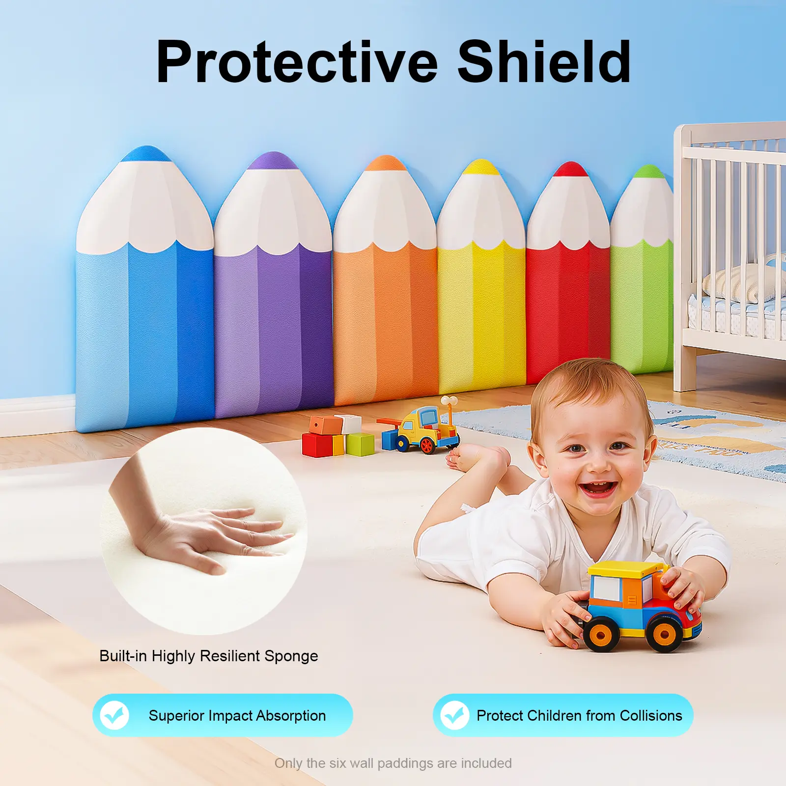 6Pcs 3D Pencil-Shaped Artificial Leather Wall Padding Stickers - 30mm Thick Nursery Toddler-Safe Anti-Collision Corner Protectors, Modern Home Decor Safety Supplies for Toddlers