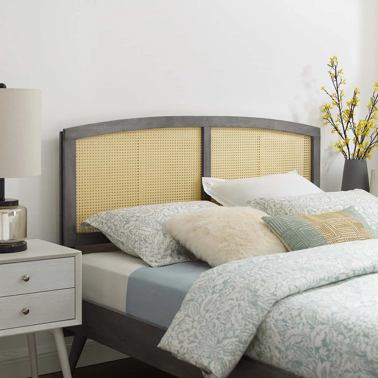 Modway Halcyon Cane Queen Headboard - Gray Woven Rattan Mid-Century Modern Headboard with Durable Solid Rubberwood, Linear Detail, Customizable Bedroom Furniture, Interchangeable Bed Frames, Organic Aesthetic Indoor Piece