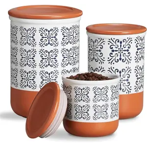 Sets for Kitchen Counter Ceramic Food Storage Jars with Airtight Lids, Sugar and Flour Containers Set of 3 - for Coffee, Tea, Spice - Stylish Countertop Décor