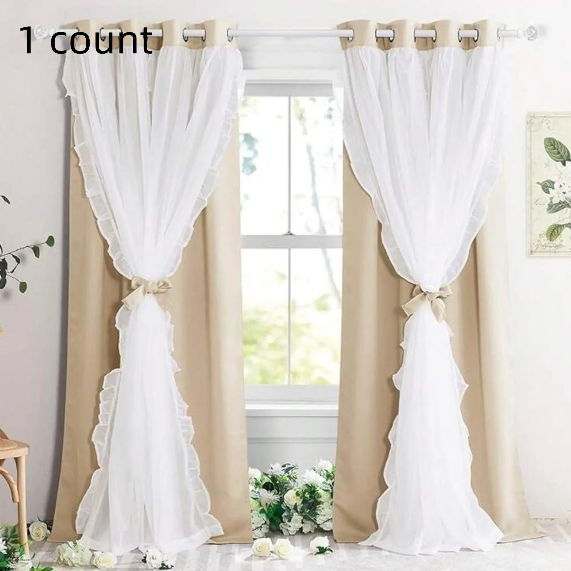 Vintage ruffle double-layer blackout curtains, Thermal Insulated Curtain, heat-insulating, soft and thick living room blackout curtains, suitable for romantic bay windows in girls' bedrooms, Blackout Window Cover