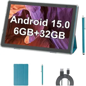 10.1-Inch Android 15 Tablet with Touchscreen, 6GB RAM, 32GB Expandable ROM, 6000mAh Battery, 2MP/8MP Cameras, WiFi, BT, USB, Navy Case & Stylus