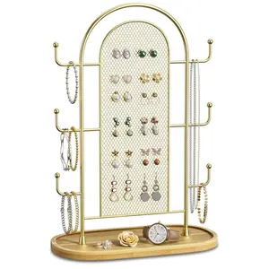 Jewelry Display Earring Stand Gold Organizer Earring StorageTree Jewelry Rack Towers with 6 Hooks 300 Stud Holes Wood Tray for Necklaces Bracelets Ring