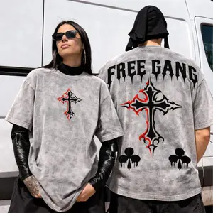 Free Gang Gothic Cross Vintage Washed T-Shirt – Oversized Boxy Fit Heavyweight Cotton Streetwear Tee, Dark Aesthetic Graphic Unisex Shirt