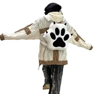 Y2K Kawaii Cartoon Dog Paw Plush Large‑Capacity Backpack, Convertible Crossbody Strap Faux Fur Zipper School Bag, Trendy Aesthetic Casual Daypack for Girls Teens Students Daily Travel