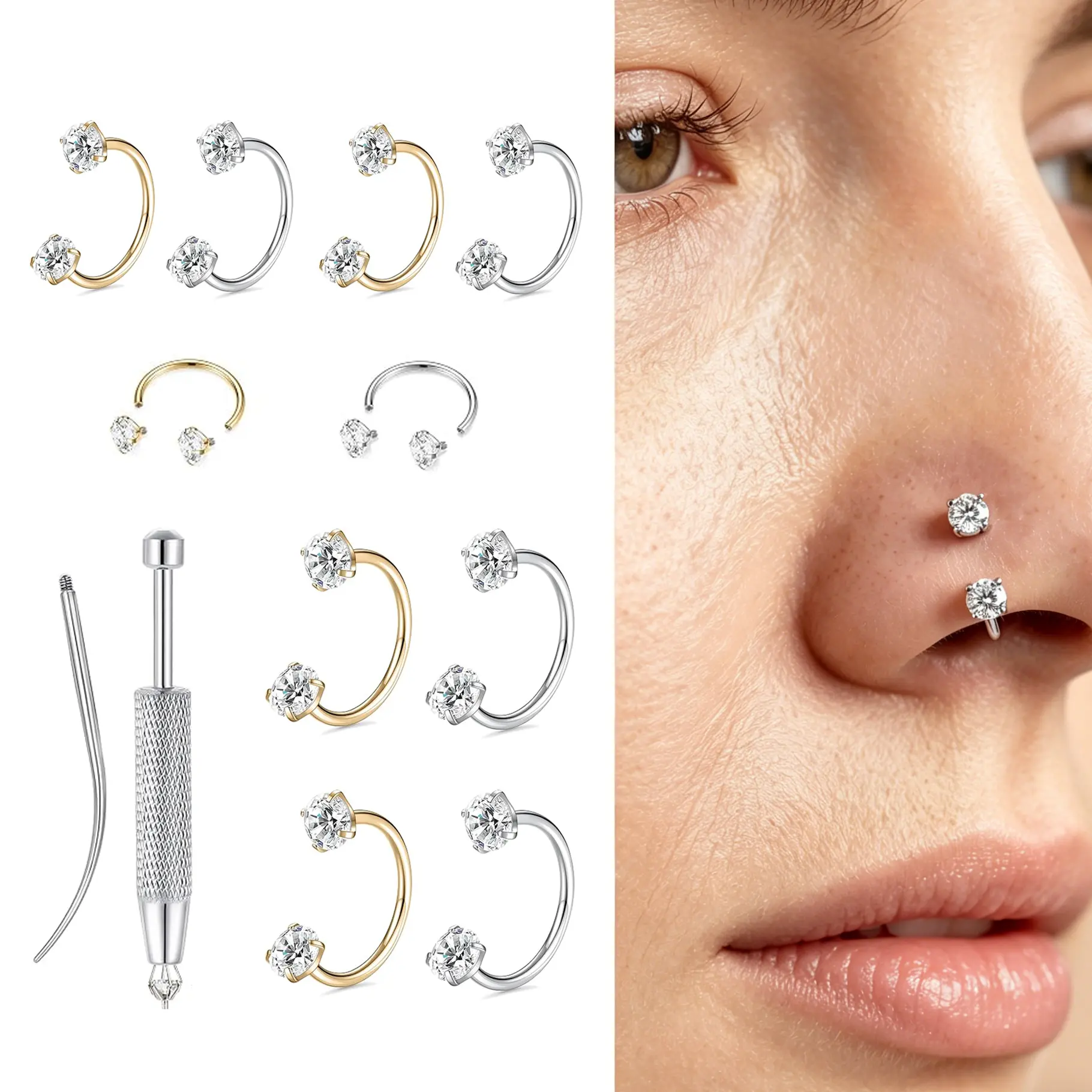 2PCS Titanium Silver & Gold Bar 18G/20G Horseshoe Nose Rings Internally Threaded Gems with Free Ball Grabber & Piercing Guide Needle