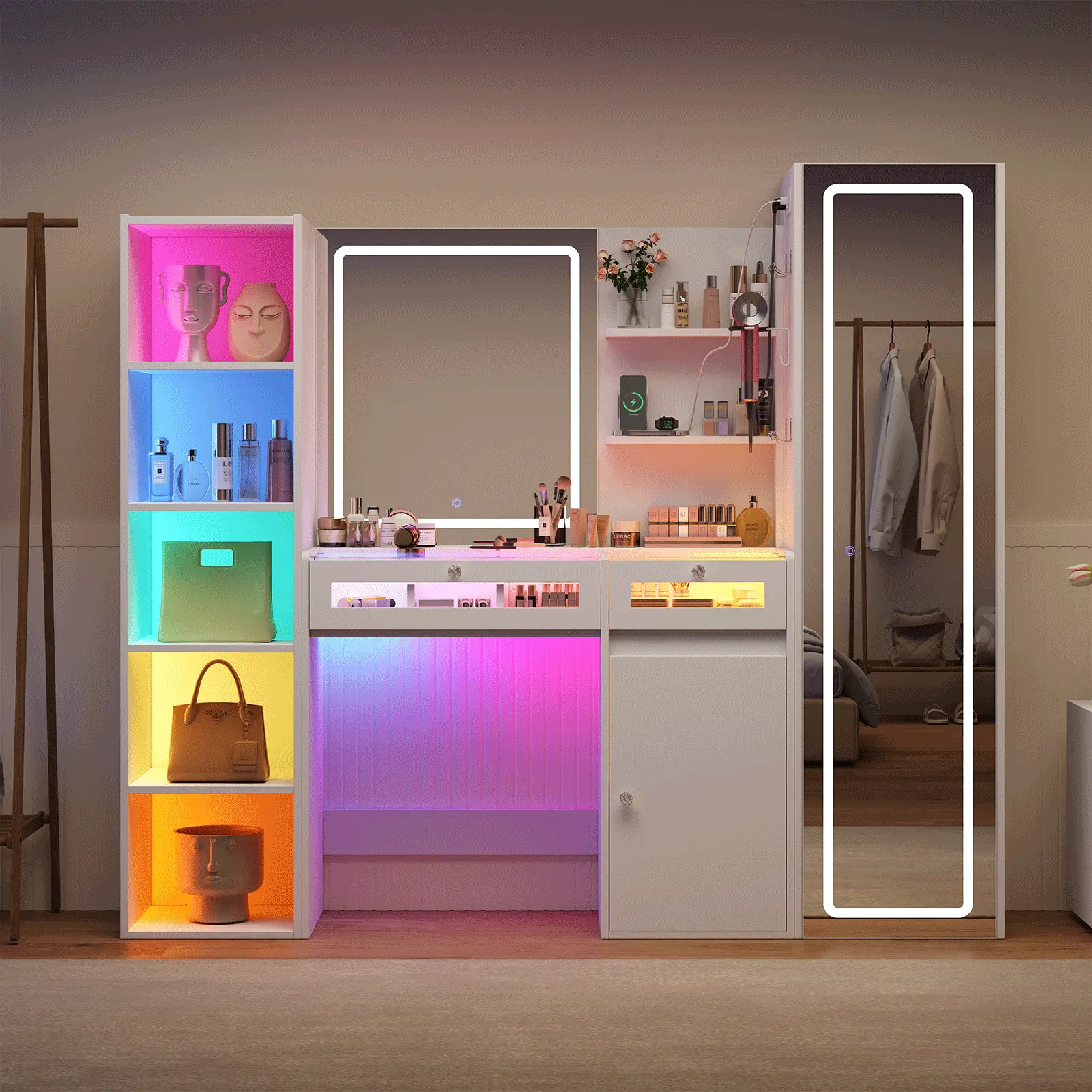 CollaredEagle Full Length Mirror Vanity Desk Makeup Organizer with RGB Drawers Transparent Top Charging Storage Shelf Bedroom Beauty Furniture Organizer 10 Shelves White Cosmetic Station Vanity Table with Storage Makeup Vanity Desk with Mirror