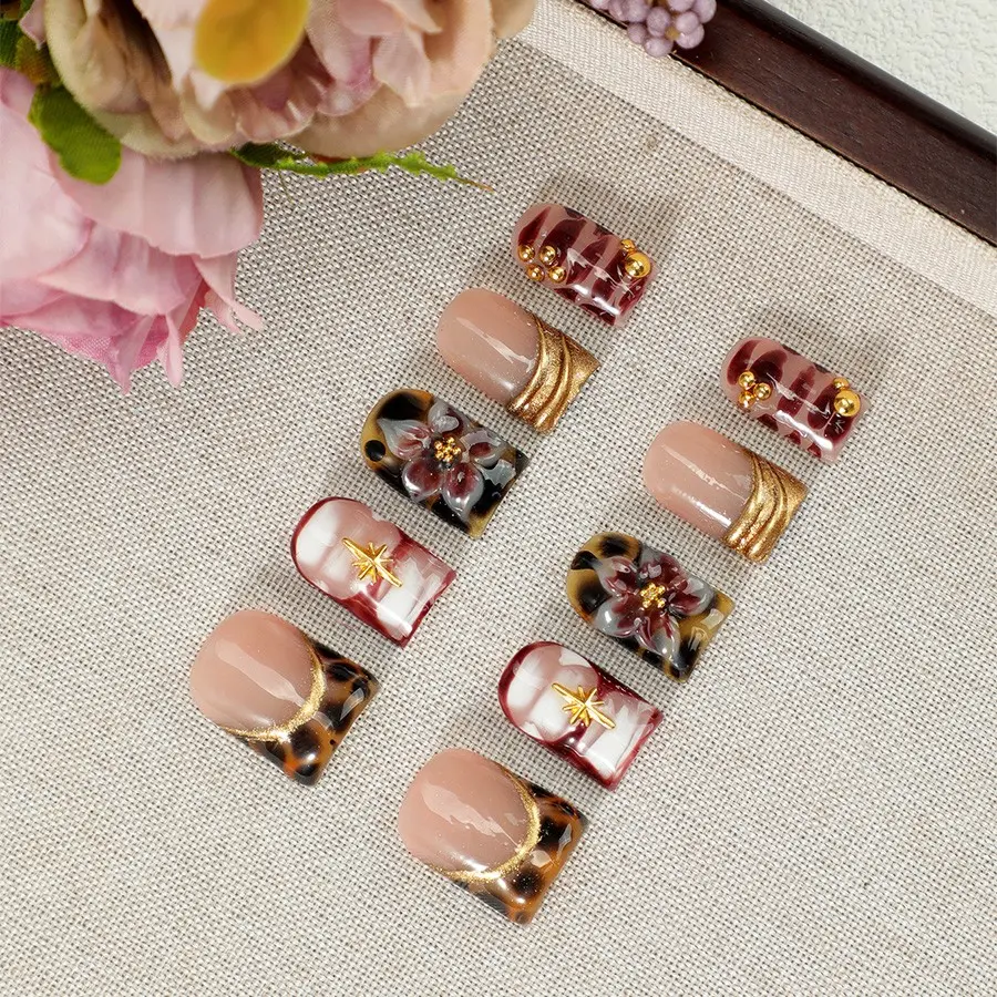 10Pcs French Press-On Nails, Glossy Reusable Nails, Decorative Nails, 3D Wine Red Acrylic Fake Nails with Gold Star Charms, Sparkly Reusable False Nail Tips with Kit, Quick-Dry Waterproof, Y2K Style, Durable & Nail-Safe, Perfect for Daily Wear & Parties