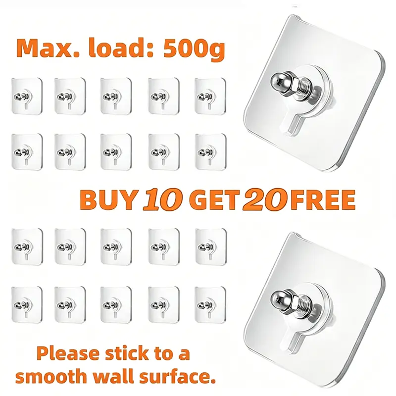BUY 10 GET 20 FREE! 30PCS Durable No-Drill Adhesive Hooks for Bathroom, Kitchen – Heavy-Duty Self-Stick Waterproof Wall Mount Organiser, Lightweight Smooth Plastic for Photo Decor Installation