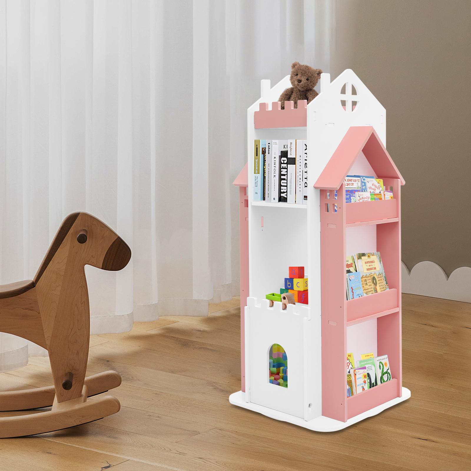 Modern pink-and-white color-block children’s rotating bookshelf, made of PVC×ABS, durable and easy to clean, high load capacity, multi-tier large storage capacity, freestanding floor-standing organizer for home, kids’ rooms, and studies/libraries.