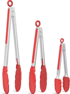 Tongs for Cooking, Professional Stainless Steel Cooking Tongs – Heat-Resistant for Grilling, BBQ, Serving Salad, Pasta, and Kitchen Use, Dishwasher Safe, Set of 7" 9" 12", Red
