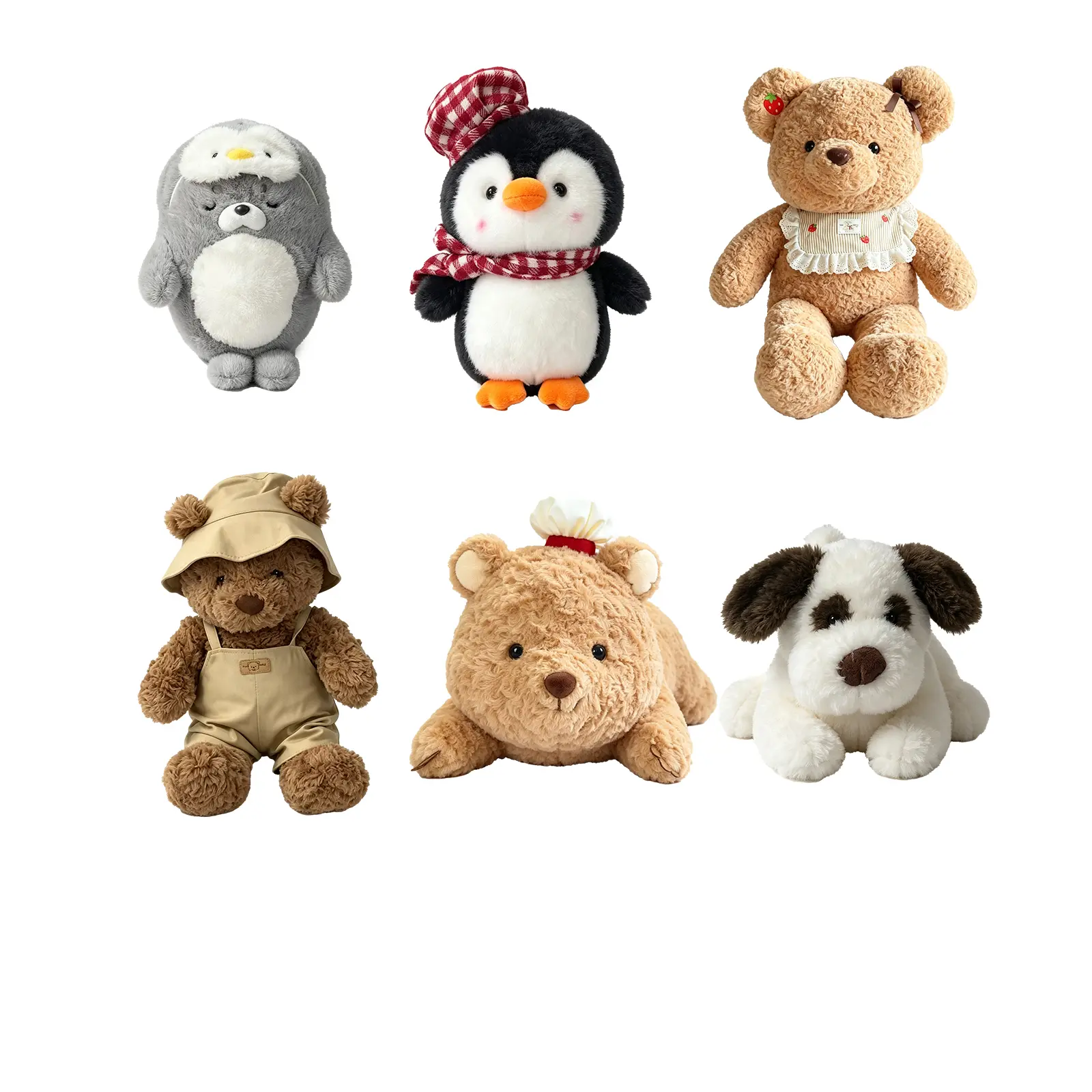 6Pcs Cute Animals Soft Plush Collection - Bear, Penguin, Puppy Stuffed Toys, Adorable Cuddle Companion Dolls, Ideal Birthday Gift for Kids, Adults