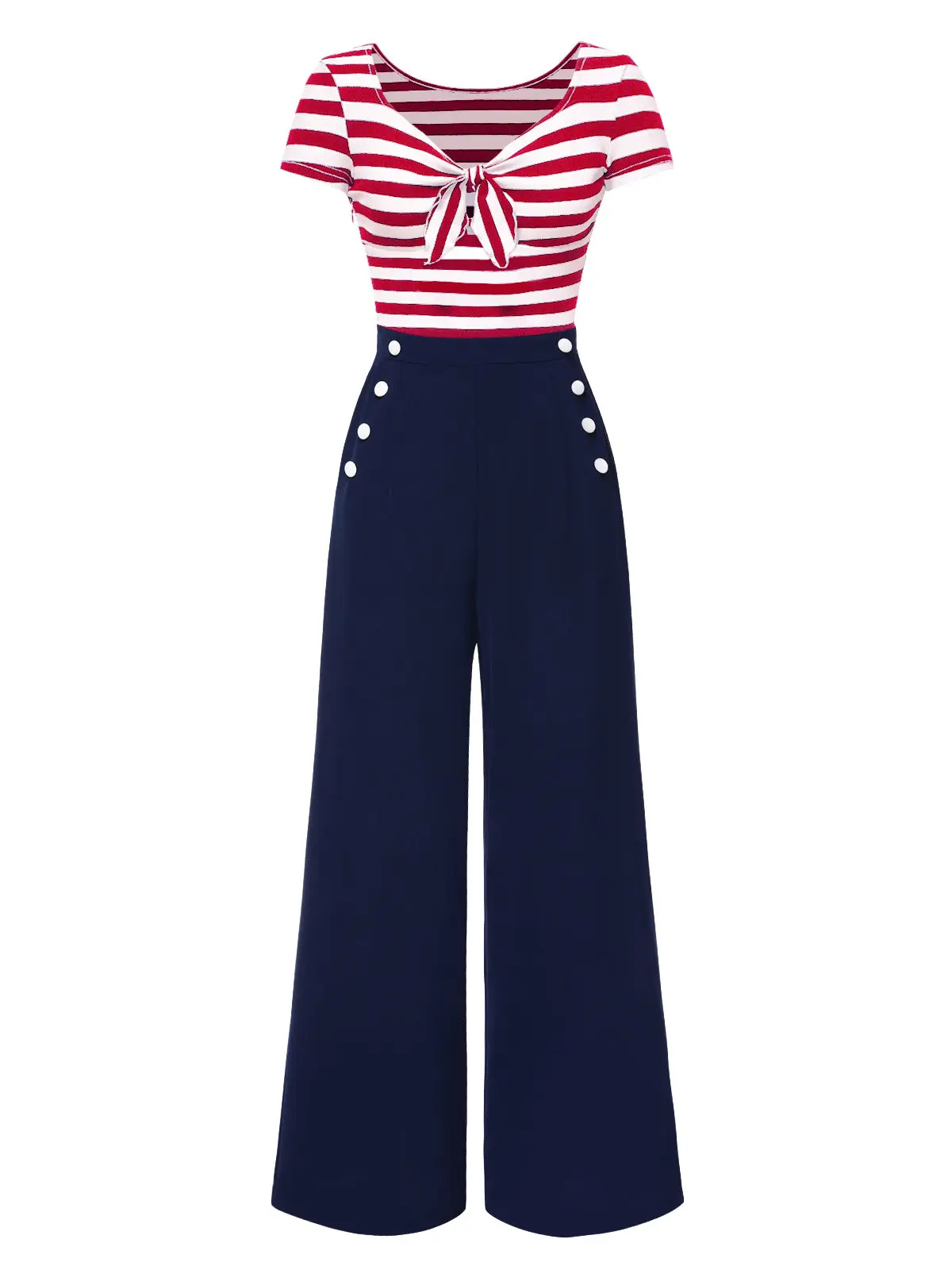RETRO STAGE Women's 1950s Fitted Short-Sleeve Blue Hollow Bow Striped Patchwork Ankle-Length Elegant Fashion Jumpsuit - Formal Summer Lounge Overalls, Stylish Women's Wear, Blue Overalls Jumpsuits & Rompers, Vacation Beach Outfits, Lady, Striped Top, Fitt