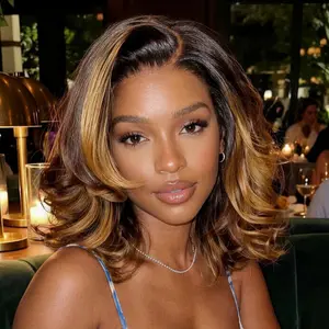 UNice Side Part Balayage Highlights with Golden Brown Body Wave Bob Wig Glueless 7x5 HD Lace Closure Human Hair Wigs with Drawstring Natural Hairline Summer Wig
